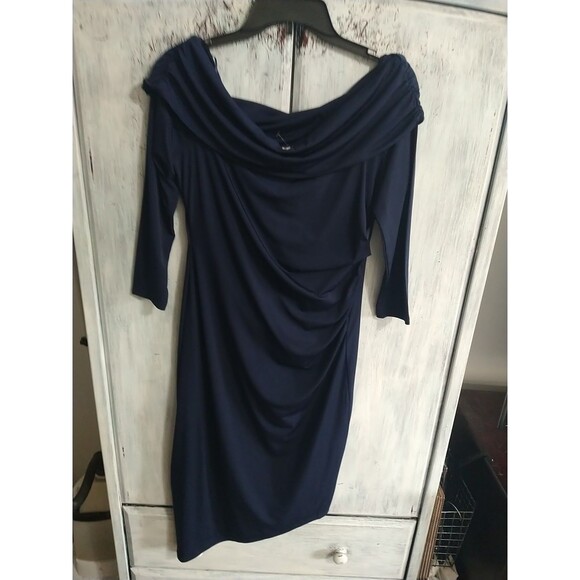 Sam Edelman  Ruched Midi Dress Blue Nwt Size 12 Artsy Classic Sexy Asymmetrical - Picture 1 of 9